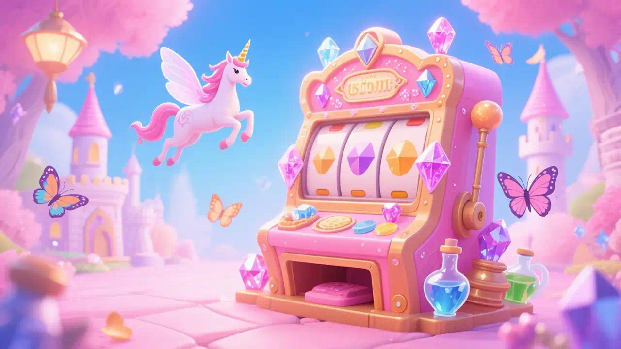 Slot com cristais brilhando em paisagem nevada